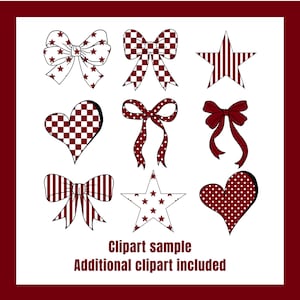 Puede incluir: Una colecci&oacute;n de elementos de clipart burdeos y blancos, que incluyen lazos, estrellas y corazones. Los dise&ntilde;os presentan patrones como estrellas, rayas y lunares. El texto en la parte inferior dice "Clipart sample Additional clipart included."