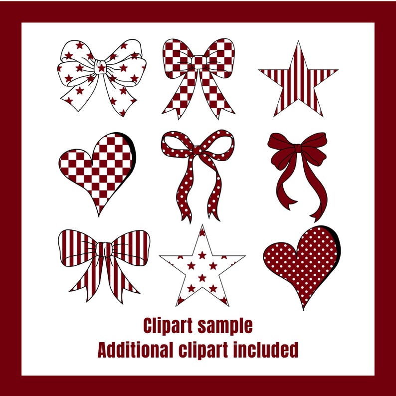 Puede incluir: Una colecci&oacute;n de elementos de clipart burdeos y blancos, que incluyen lazos, estrellas y corazones. Los dise&ntilde;os presentan patrones como estrellas, rayas y lunares. El texto en la parte inferior dice "Clipart sample Additional clipart included."