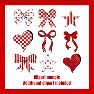 May include: A collection of red and white decorative clipart elements, including bows, stars, and hearts. The designs feature patterns such as stars, stripes, polka dots, and checkered patterns. Text at the bottom reads "Clipart sample Additional clipart included."
