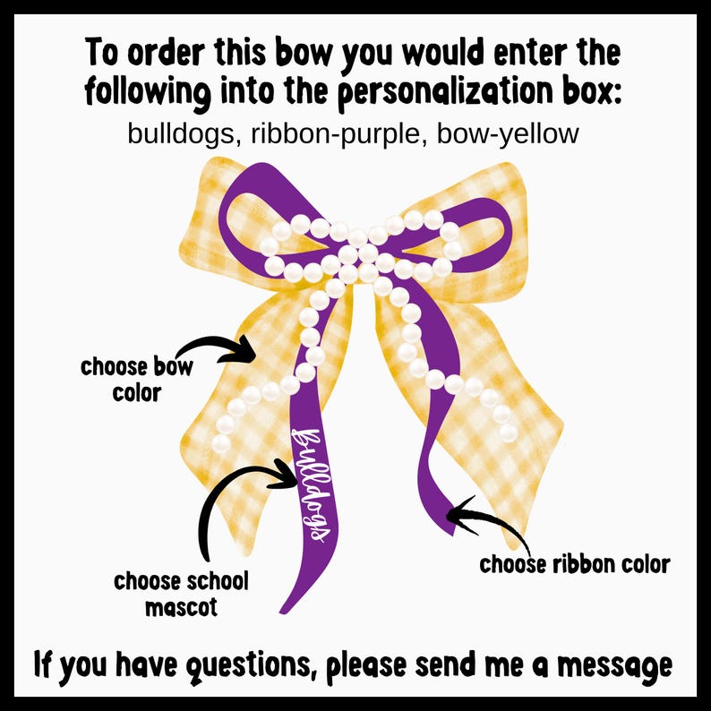 You choose the bow color, ribbon color, and mascot in the Custom School Colors Mascot Bow PNG. This example is yellow and purple.