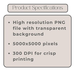 K&ouml;nnte beinhalten: Grafik mit der Aufschrift &bdquo;Product Specifications&ldquo;. Sie listet in Aufz&auml;hlungszeichen eine hochaufl&ouml;sende PNG-Datei mit transparentem Hintergrund, 5000x5000 Pixel und 300 DPI f&uuml;r gestochen scharfen Druck auf.