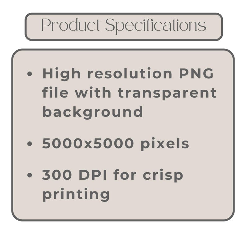 K&ouml;nnte beinhalten: Grafik mit der Aufschrift &bdquo;Product Specifications&ldquo;. Sie listet in Aufz&auml;hlungszeichen eine hochaufl&ouml;sende PNG-Datei mit transparentem Hintergrund, 5000x5000 Pixel und 300 DPI f&uuml;r gestochen scharfen Druck auf.