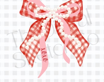 May include: A watercolor illustration of a bow with a red and white gingham pattern. A pink ribbon is layered over the bow and adorned with a string of white pearls. The pink ribbon has the text "xoxo".