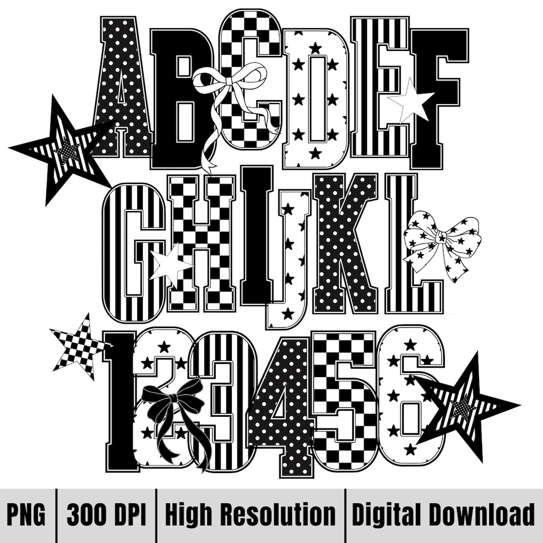 Black Varsity Letters Doodle Alphabet PNG Checkered Alpha Black Design ...