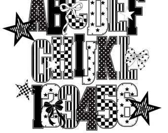 Black Varsity Letters Doodle Alphabet PNG Checkered Alpha Black Design Bubble Block Letter Preppy Retro Canva Clipart Bundle Trendy Monogram