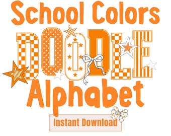 Pomarańczowe litery uniwersyteckie Doodle alfabet PNG Pomarańczowy kolor szkolny Alfabet duch zespołu Projekt bąbelkowy blok liter Preppy Retro Clipart Sport Mama