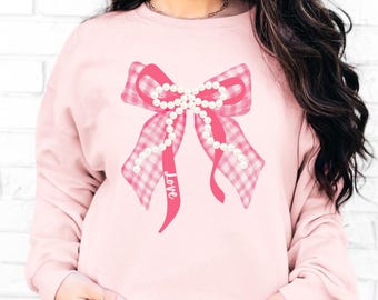 Pink Trendy Love Gingham Pearl Bow Coquette PNG ClipArt Valentine's Day Ribbon