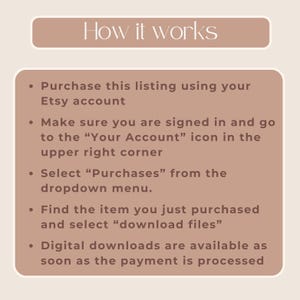 Puede incluir: Un gr&aacute;fico beige y marr&oacute;n con el texto "How it works" en un rect&aacute;ngulo marr&oacute;n en la parte superior. El gr&aacute;fico enumera cinco pasos para descargar archivos digitales de Etsy. Los pasos son: Compra esta lista usando tu cuenta de Etsy, Aseg&uacute;rate de haber iniciado sesi&oacute;n y ve al icono "Tu cuenta" en la esquina superior derecha, Selecciona "Compras" en el men&uacute; desplegable, Encuentra el art&iacute;culo que acabas de comprar y selecciona "descargar archivos", Las descargas digitales est&aacute;n disponibles tan pronto como el pago se procesa.