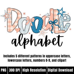 Grandmillennial Alphabet PNG Letters Preppy Gingham and Floral Doodle Numbers Printable Pink Blue Canva Alpha Font Pack Set Template