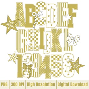 May include: Gold-colored alphabet letters and numbers with various patterns, including polka dots, stripes, and checkered designs. The letters are decorated with stars and bows. The image also includes star-shaped accents and the numbers 1, 2, 3, 4, 5, and 6.