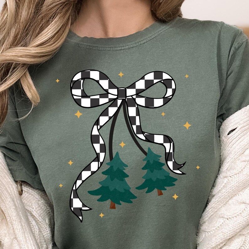 Preppy Christmas Tree PNG Retro Holiday PNG on forest green tee