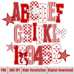 May include: Red and white alphabet and numbers with various patterns, including polka dots, stripes, and checkered designs. The letters and numbers are decorated with stars and bows. The image also includes the text "PNG 300 DPI High Resolution Digital Download."