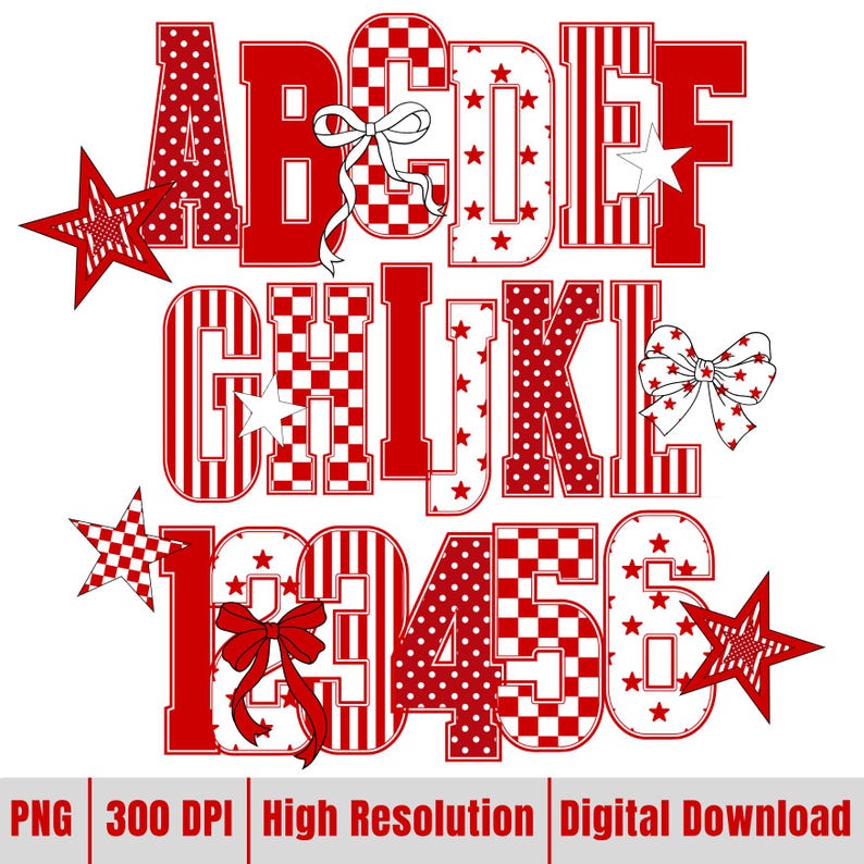 May include: Red and white alphabet and numbers with various patterns, including polka dots, stripes, and checkered designs. The letters and numbers are decorated with stars and bows. The image also includes the text "PNG 300 DPI High Resolution Digital Download."