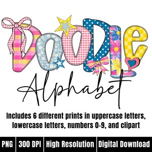 Letras do alfabeto PNG | Design de verão e primavera | Modelo de conjunto de doodle alfa do Canva | Fonte do alfabeto doodle | Alfabeto xadrez e floral PNG