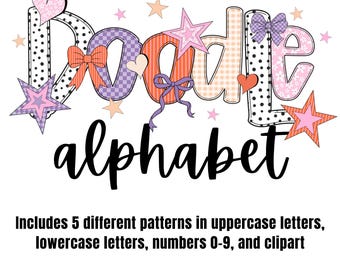 Preppy Gingham Polka Dot Doodle Alphabet Grandmillennial Numbers PNG Letters  Printable Pink Blue Canva Alpha Font Pack Set Template