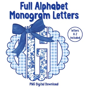 May include: A digital download featuring a blue monogram letter "H" with a floral pattern and a gingham border. A blue bow adorns the top. The text "Full Alphabet Monogram Letters" and "letters A-Z included" are also present.