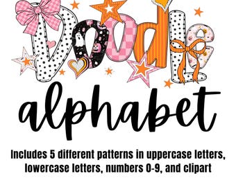 May include: A colorful digital design featuring the word "Doodle" in various patterns and colors, with the word "Alphabet" below in black script. Includes 5 patterns in uppercase and lowercase letters, numbers 0-9, and clipart.