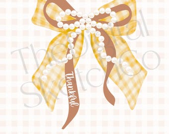 Fall Coquette Gingham Bow PNG Thankful Checked Pearl Fall Design Preppy Grandmillennial Autumn Vibes Shirt Cozy Season Thanksgiving Shirt