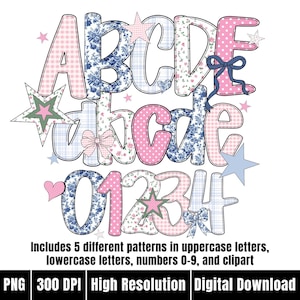 Coquette Preppy Alphabet PNG Blue Floral Letter Canva Doodle Alpha Set Toile Grandmillenial Font Doodle Clipart Pastel Gingham Bubble Letter