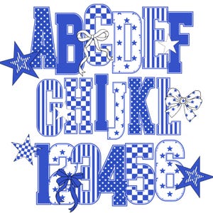 May include: Blue and white alphabet letters and numbers with various patterns, including polka dots, stripes, and checkered designs. The letters and numbers are decorated with stars and bows. The letters are A, B, C, D, E, F, G, H, I, J, K. The numbers are 1, 2, 3, 4, 5, 6.