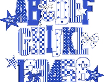 Royal Blue Varsity Letters Doodle Alphabet PNG Checkered Alpha Blue Design Bubble Block Letter Burgundy Preppy Retro Clipart Bundle Monogram