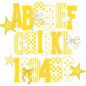 May include: Yellow alphabet letters and numbers with various patterns, including polka dots, stripes, and checkered designs. The letters and numbers are decorated with white stars and bows. The image is on a white background.