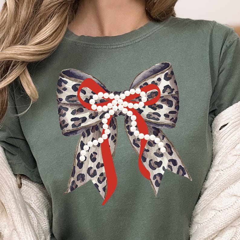 Leopard and Pearl Holiday Bow PNG Coquette Autumn Animal Print Design Trendy Watercolor Cheetah Ribbon Digital Download Christmas Bow Shirt
