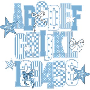 May include: Blue and white patterned alphabet letters and numbers, with stars and bows. The letters and numbers feature polka dots, stripes, and checkered patterns. Decorative stars and bows are scattered around the letters.