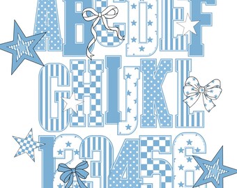 Blue Varsity Letters Doodle Alphabet PNG Checkered Alpha Blue Design Bubble Block Letter Preppy Retro Canva Clipart Bundle Trendy Monogram