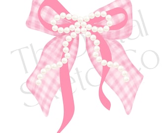 Trendy Pink and White Gingham Bow Coquette PNG ClipArt Collage Pink Preppy Bow Clip Art Ribbon White Bow Coquette Birthday Baby Design