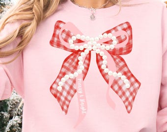 Pearl Red and White Gingham Bow Coquette Christmas PNG Merry and Bright ClipArt Collage Red Preppy Bow Ribbon Pink Holiday Bow Xmas Girly