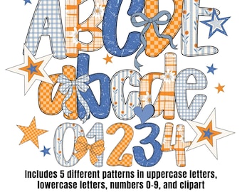 Trendy Grandmillennial Alphabet PNG Bubble Letters Preppy Gingham Coquette Doodle Number Printable Plaid Canva Font Clipart Bright Alpha Set