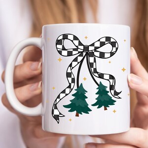 Festive Design Cozy Season PNG Checkered Bow on white coffee mug