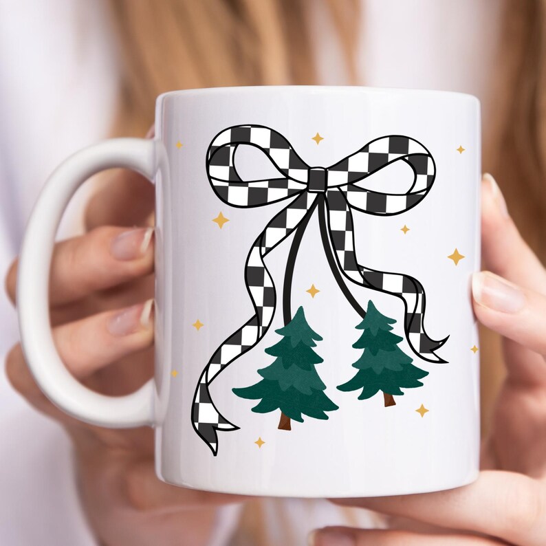 Festive Design Cozy Season PNG Checkered Bow on white coffee mug