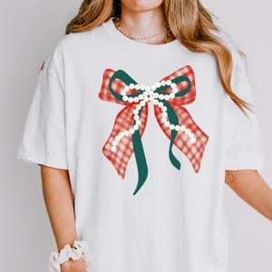 Preppy Red Checkered Bow Christmas PNG Coquette Holiday PNG Winter Mama Gingham Festive Design Cozy Season PNG Mommy and Me Shirt Xmas Shirt