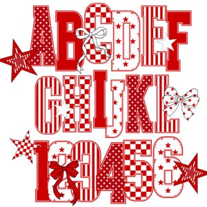 May include: A decorative alphabet and numbers set in red and white. The letters and numbers feature various patterns, including polka dots, stripes, and checkered designs. Accents include star shapes and bows. The design is set against a white background.