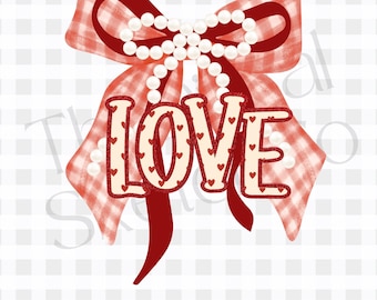 Gingham and Pearl Coquette Valentines Love Bow PNG Digital Download Trendy