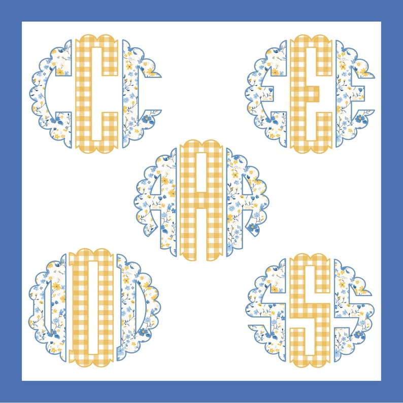 May include: Five monogram designs featuring letters C, E, A, O, and S. Each letter is in a yellow gingham pattern, set within a scalloped circle with a blue floral border. The background is white with a blue border.