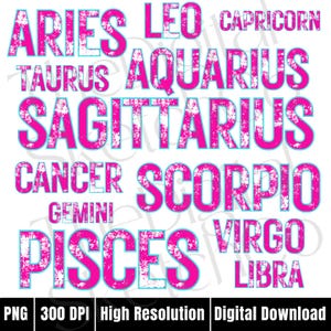 Neon Zodiac Sign PNG Bundle, Horoscope Design, Astrology png, Zodiac Signs Clipart, Varsity Neon Distressed PNG, Girly Bestseller Trendy