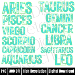 Bright Teal Zodiac Sign PNG Bundle, Horoscope Design, Astrology PNG Zodiac Signs Clipart Varsity Neon Distressed PNG Girly Bestseller Trendy