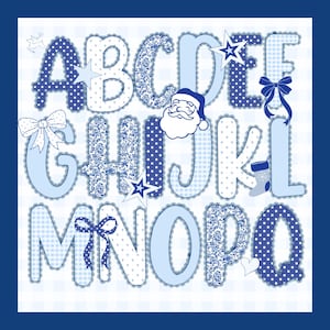 May include: A blue and white alphabet design featuring letters A through Q. Each letter has a unique pattern, including polka dots, floral prints, and gingham. Decorative elements include bows, stars, and a Santa Claus face. The letters are outlined with a scalloped edge.