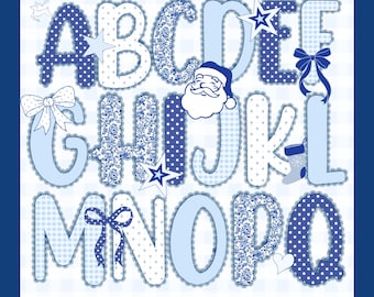 Blue Gingham Cozy Season Lace Alphabet PNG Coquette Grandmillennial Christmas ClipArt Vintage Blue Holiday Alpha Letters Toile Preppy Trendy