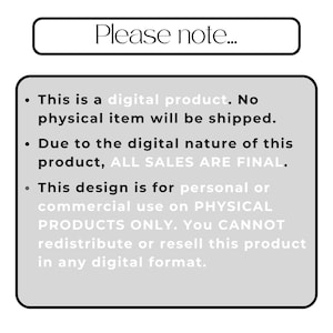 Pu&ograve; includere: Un cartello rettangolare bianco con la scritta "Please note..." in alto. Sotto, un rettangolo grigio contiene punti elenco con testo su prodotti digitali, vendite e diritti di utilizzo.