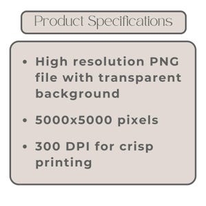 May include: A graphic displaying "Product Specifications". It details a high-resolution PNG file with a transparent background, 5000x5000 pixels, and 300 DPI for crisp printing.