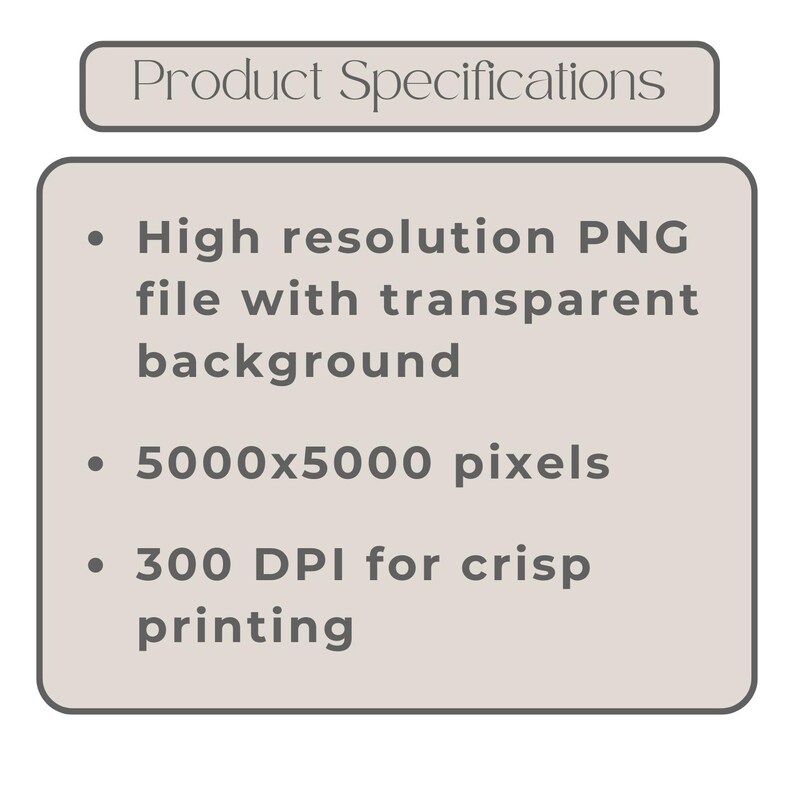 May include: A graphic displaying "Product Specifications". It details a high-resolution PNG file with a transparent background, 5000x5000 pixels, and 300 DPI for crisp printing.