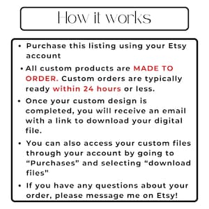Pu&ograve; includere: Grafica in bianco e nero con il testo "How it works". Il testo descrive il processo di acquisto di un prodotto personalizzato su Etsy, incluso il download del file digitale. Il testo menziona anche l'account Etsy e "Purchases".