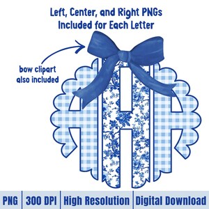 May include: A digital download graphic featuring a monogram letter "H" with a blue floral pattern and a blue gingham border. A blue bow is at the top. Text includes "Left, Center, and Right PNGs Included for Each Letter", "bow clipart also included", "PNG 300 DPI High Resolution Digital Download".