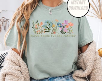 Diseño de camiseta con flores silvestres prensadas, diseño de coqueta, letrero de jardín inspirador, imprimible, estilo cottagecore, acuarela, flor, PNG, regalo para amantes de la naturaleza