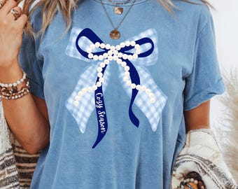 Blue Gingham Cozy Season Bow Pearl Coquette PNG Grandmillennial Christmas ClipArt Vintage Blue Holiday Ribbon Clip Art Plaid Preppy Trendy