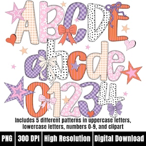 Preppy Bright Alphabet PNG Pastel Alphabet PNG Letters Canva Doodle Alpha Set Template Gingham Check Alpha Doodle alphabet font